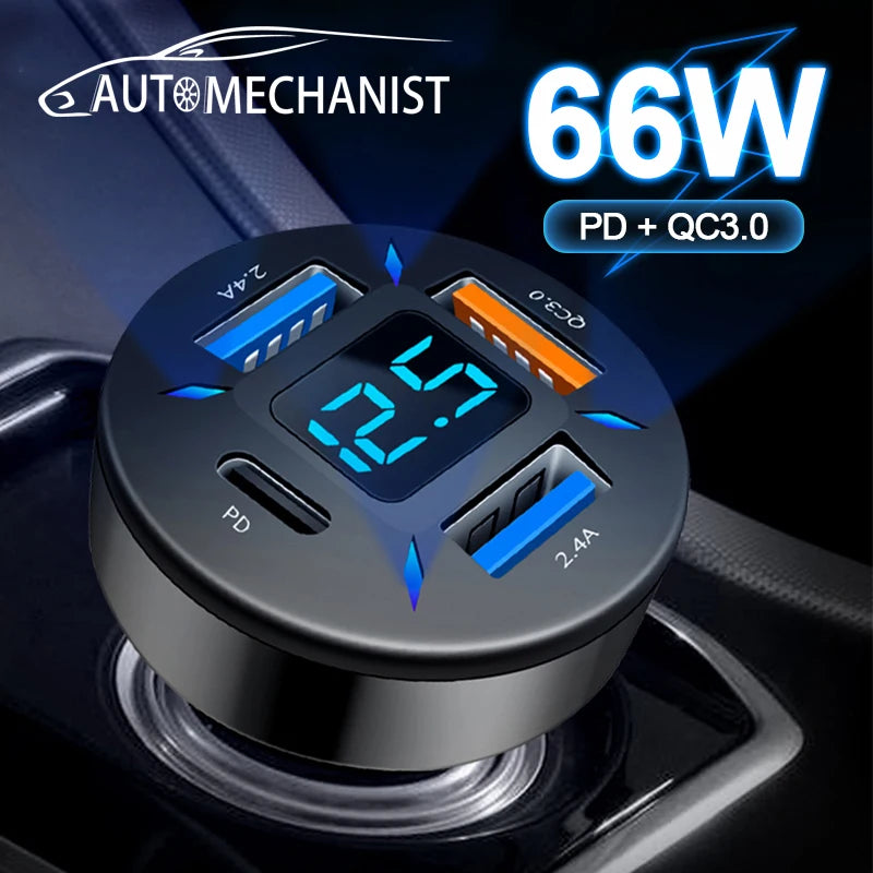 Zovira™ 66W Fast Car Charger – USB-C PD + USB-A QC, 12V/24V